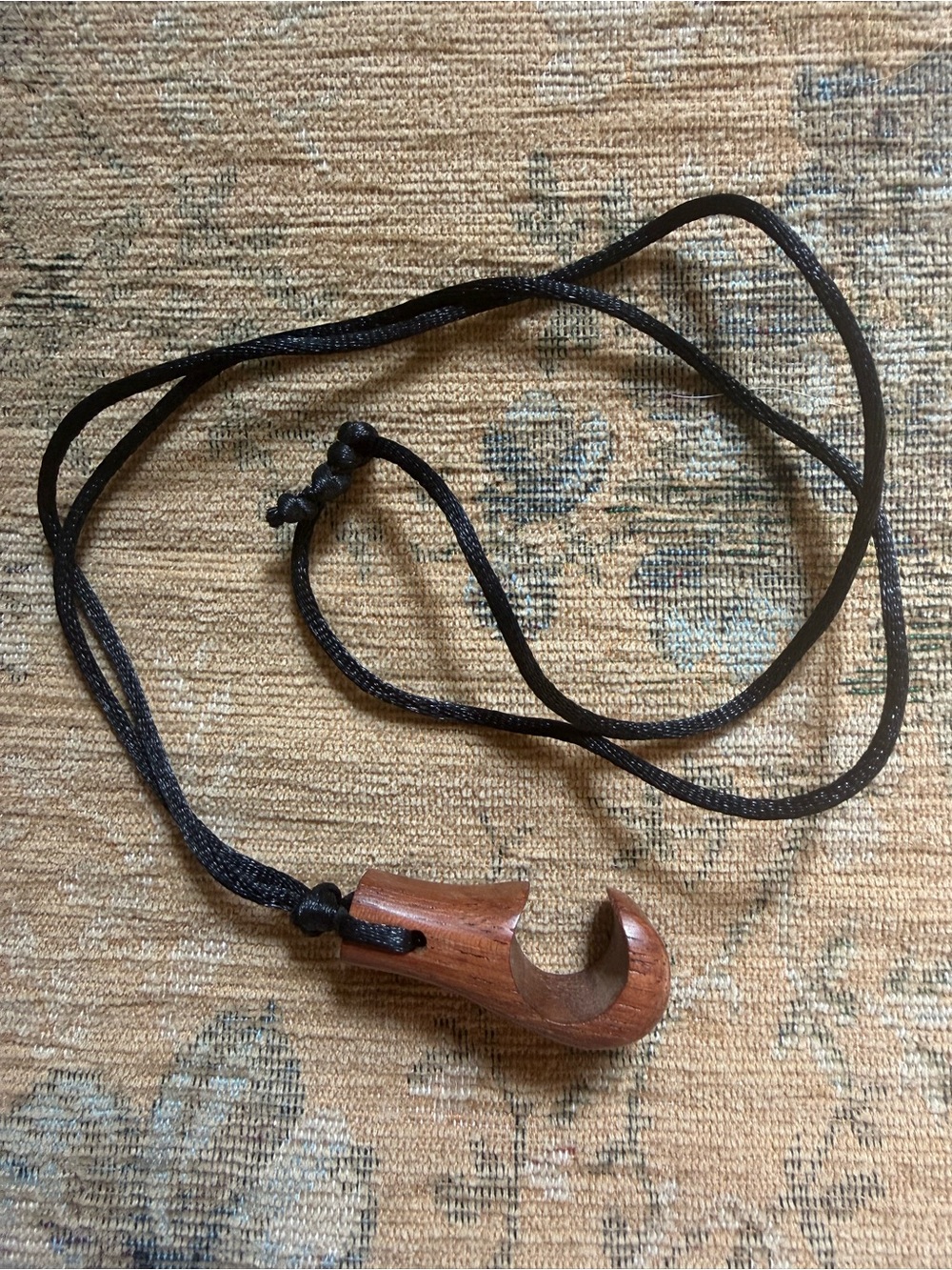 HEI MATAU Wood Carved Hook pendant necklace w/ black cord from Hawaii Strength